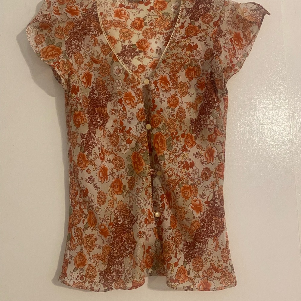 Vintage My Michelle Floral Sheer Button-Up Top - Orange and Cream